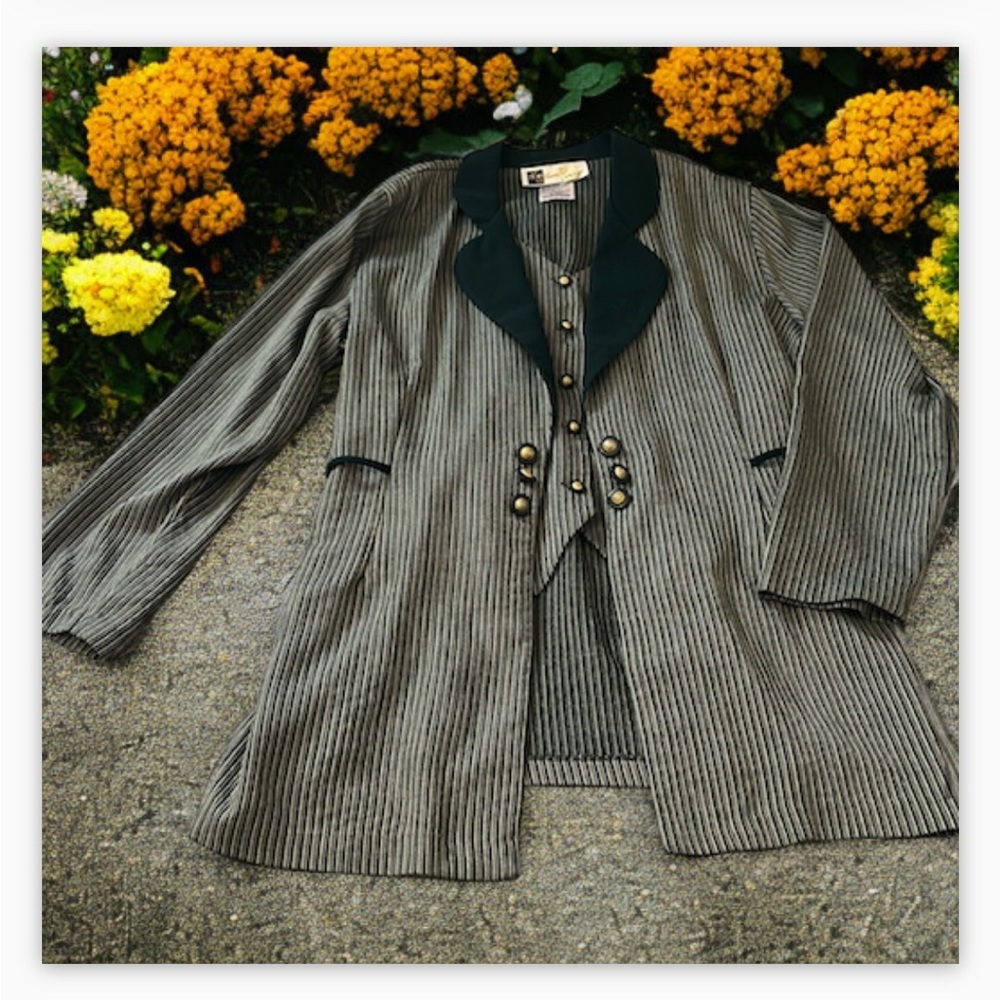 RARE-VTG JDB Green Stripe Blazer W/Built in Vest,Gold Button Detail EUC-Sz16 💛​ - Picture 7 of 14